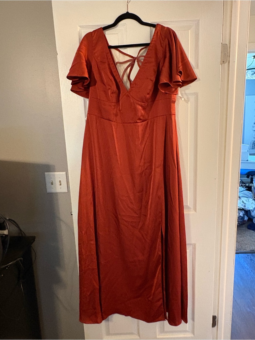 Azazie Rust Red Women's Maxi Dress with Flutter Sleeves